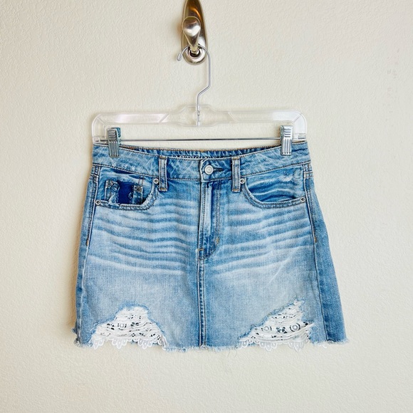 American Eagle High Rise Distressed Denim Crochet Detail Festival Mini Skirt - Picture 2 of 10